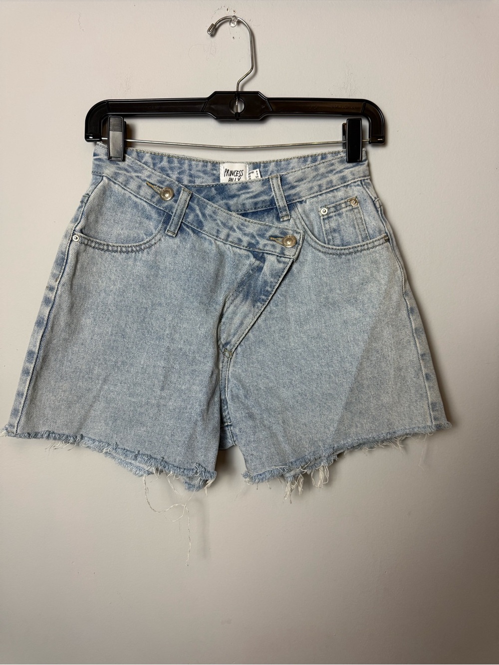 Princess Polly Light Wash Asymmetrical Denim Shorts